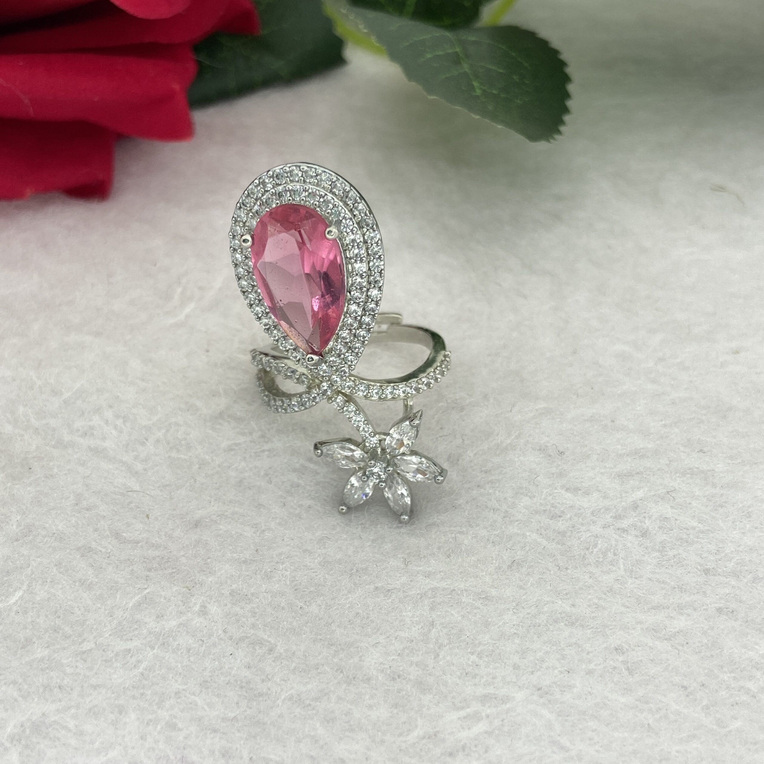 Pink Pear Stone Silver Ring Finish Floral Designer Jewelry - Image 4